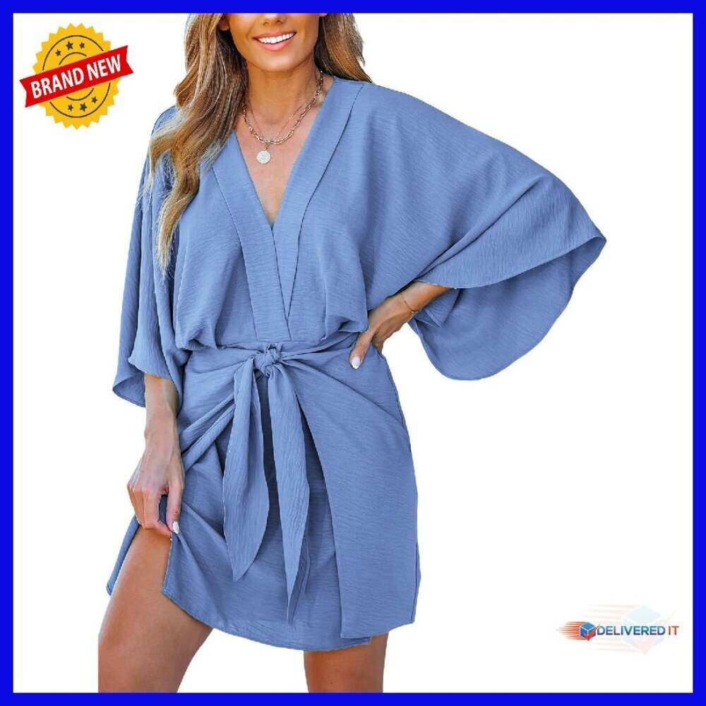V Neck Kimono Sleeve Pleated Mini Dress Polyester Casual Summer